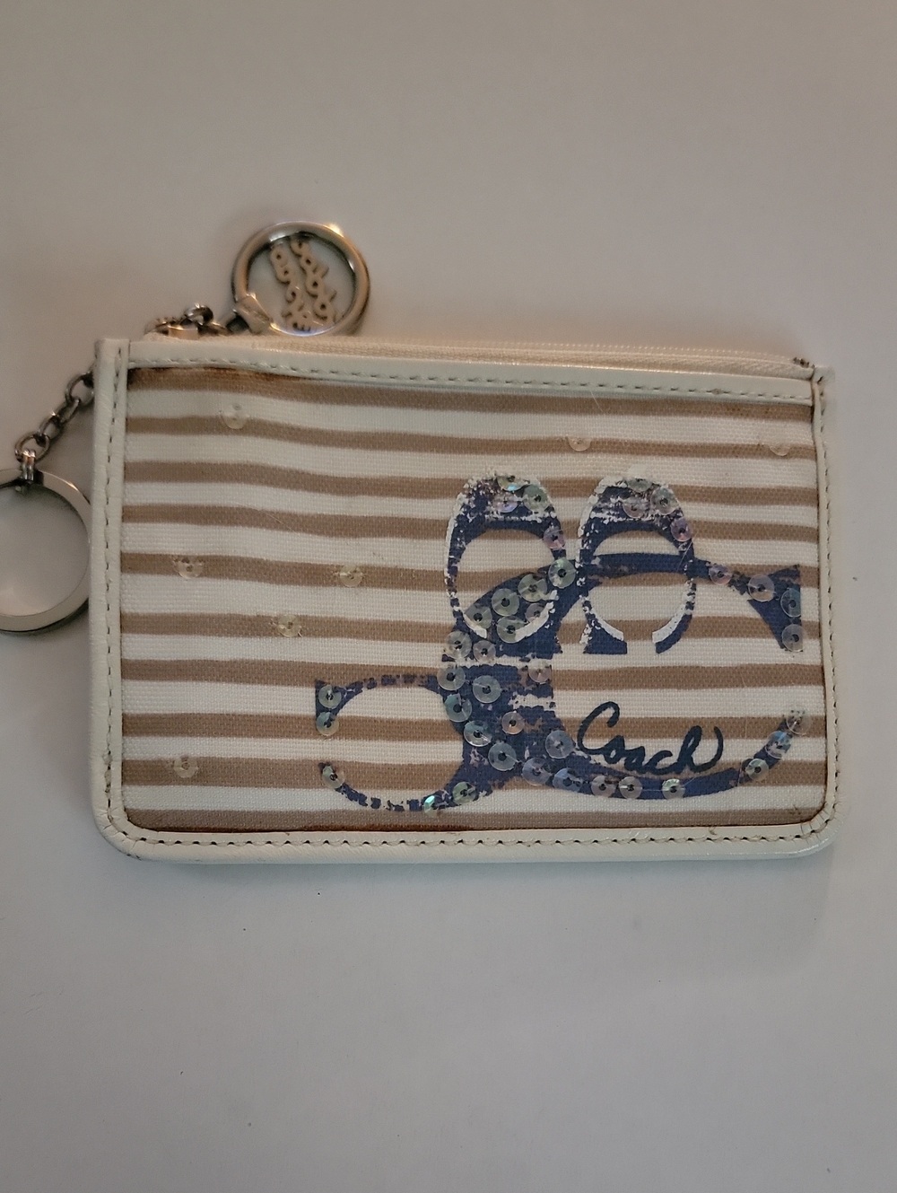 Coach Beige & White Striped Sequin Logo Card Holder with Key Ring